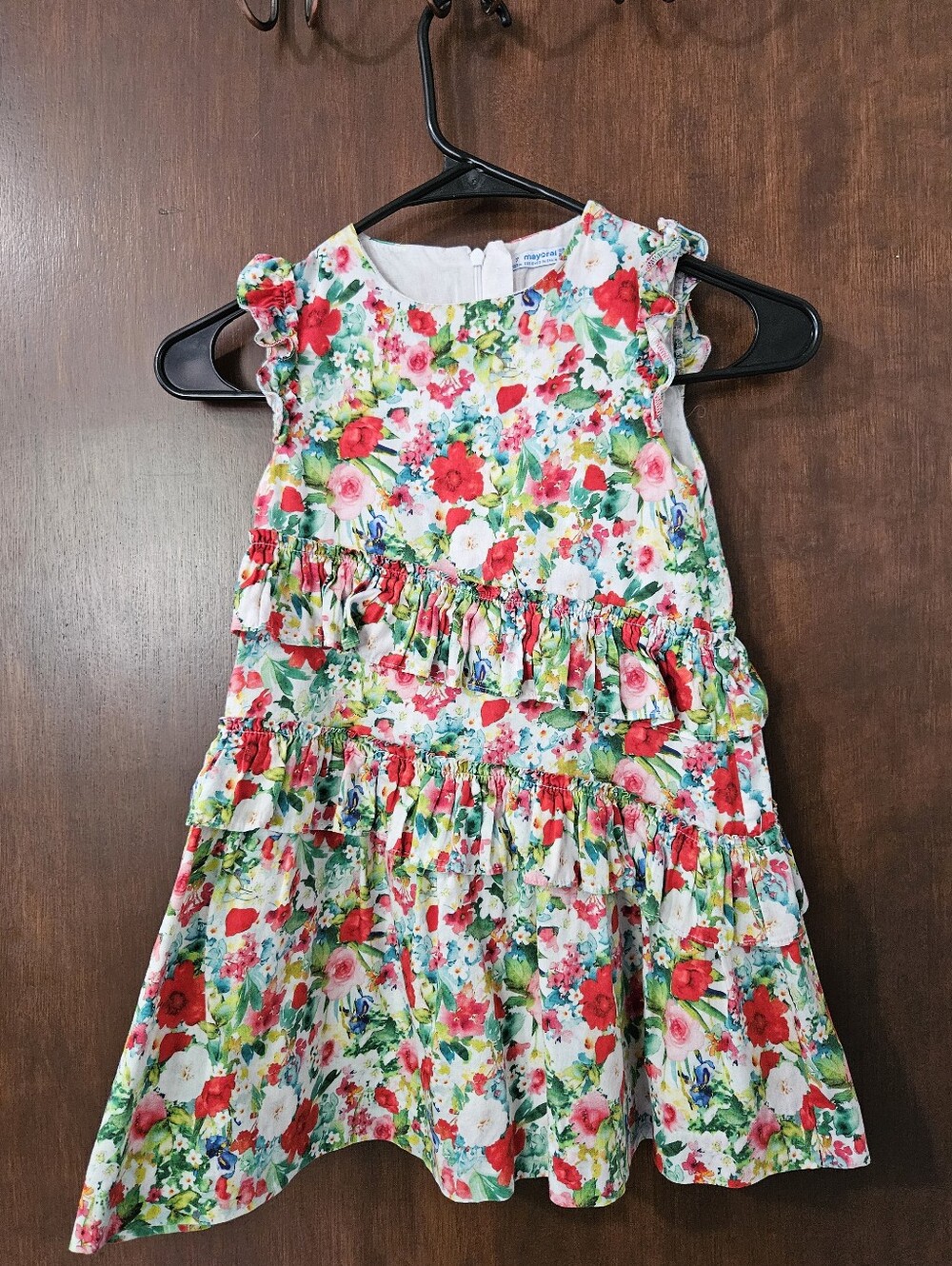 Girls Floral Ruffle Tiered Dress - White & Red